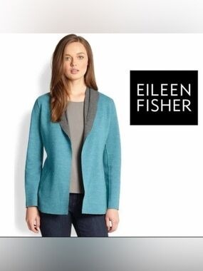 EILEEN FISHER Teal felted wool Open-Front Jacket with Gray Shawl Collar XL
